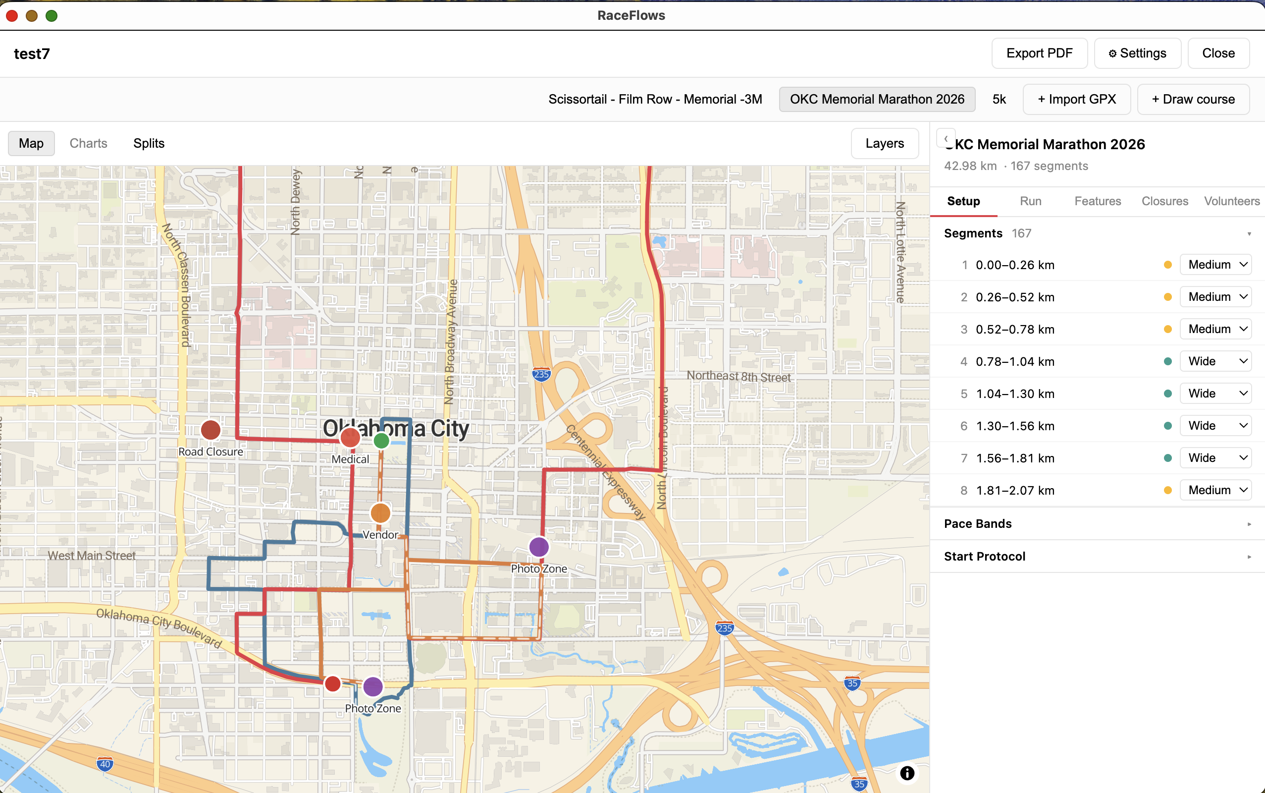 Screenshot of the RaceFlows app showing a sample course map and heatmap overlay.